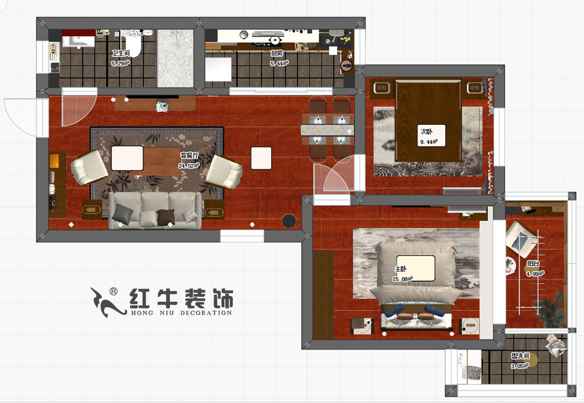 賈庭_宏鷹花園5-202-87㎡-現(xiàn)代中式風格00彩平圖