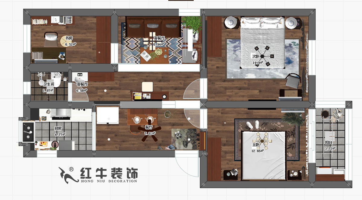 魏明花_西康路3號(hào)11-301-85㎡-簡(jiǎn)約風(fēng)格_3室2廳1衛(wèi)00彩平圖
