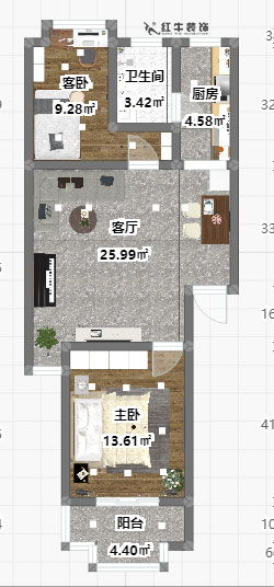 魏明花_一品嘉園2-305-76㎡-簡(jiǎn)約風(fēng)格_2室1廳1衛(wèi)_成品家¥117416→00彩平圖