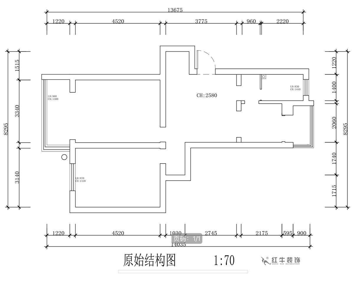 蔣?。蔡┐?1-401-80㎡-現(xiàn)代簡約風格｜2室1廳1衛(wèi)｜舊房裝修｜定制家￥126767｜全包12萬｜00_01原始結(jié)構(gòu)圖