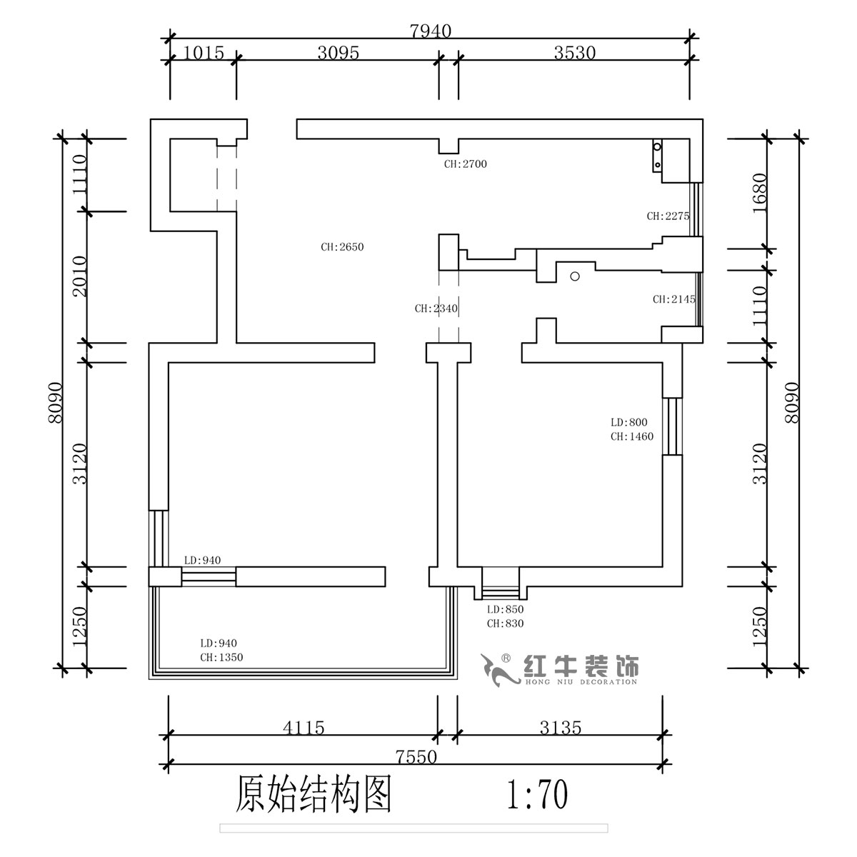 蔣?。珗@路44號(hào)小區(qū)3-204-60㎡-現(xiàn)代簡(jiǎn)約風(fēng)格｜2室1廳1衛(wèi)｜舊房裝修｜定制家｜全包10萬(wàn)｜00_01原始結(jié)構(gòu)圖