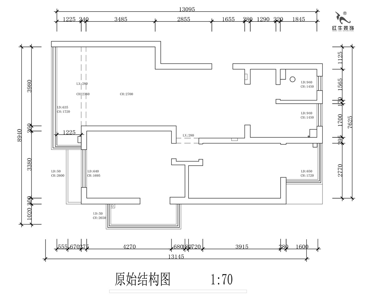 蔣?。霄沃腥A廣場(chǎng)11-601-110㎡-現(xiàn)代簡(jiǎn)約風(fēng)格｜2室2廳1衛(wèi)｜舊房裝修｜定制家￥140400｜全包15萬(wàn)｜00_01原始結(jié)構(gòu)圖