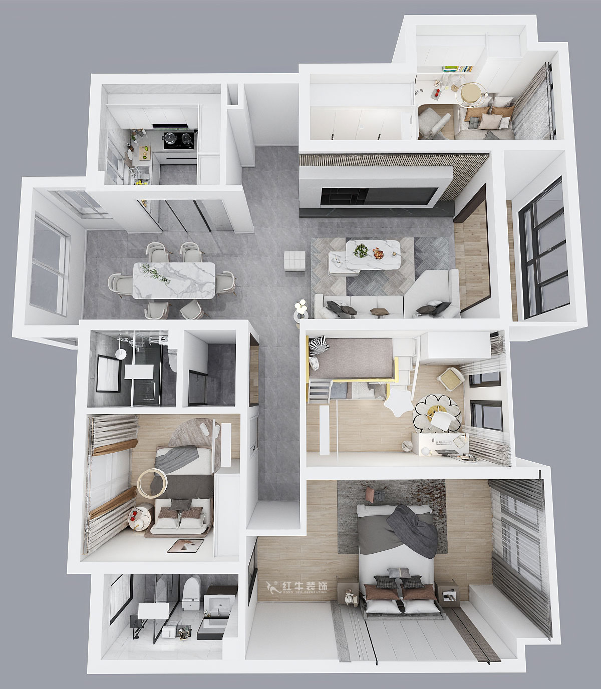 蔣琛｜電建洺悅府二期北苑5-904-135㎡-輕奢風(fēng)格｜4室2廳2衛(wèi)｜新房裝修｜定制家｜全包20萬(wàn)｜00_04俯視圖
