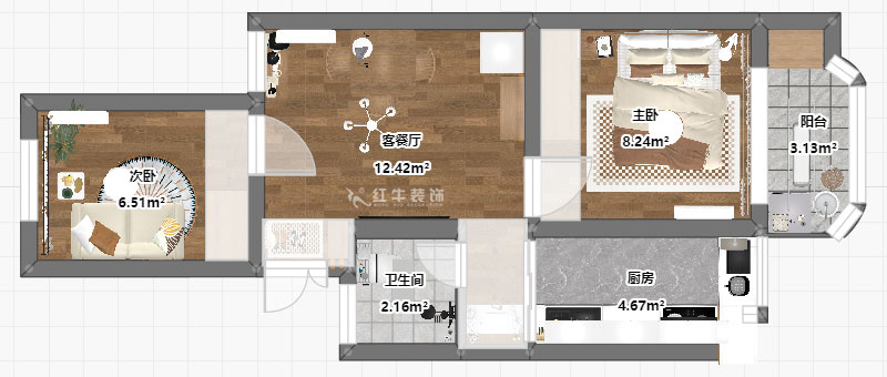 高靈慧|南苑臺園26號9-401-60㎡-北歐風格|2室1廳1衛(wèi)|老房裝修|定制家|全包9萬|00_03平面彩圖