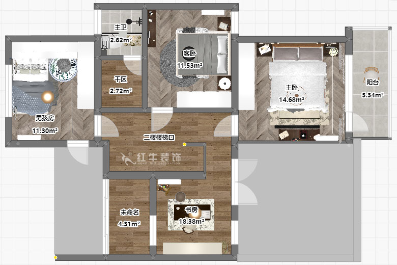 吳波|翠屏國際香樟苑-7-404-124㎡-現代風格|3室2廳2衛(wèi)|二手房裝修|定制家|全包17萬|00_06二樓平面彩圖